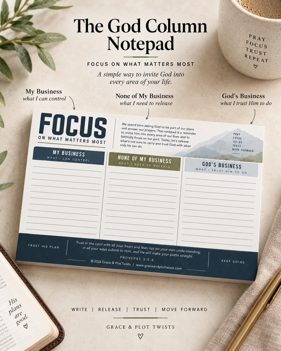 The God Column notepad with three columns: My Business, None of My Business, and God's Business