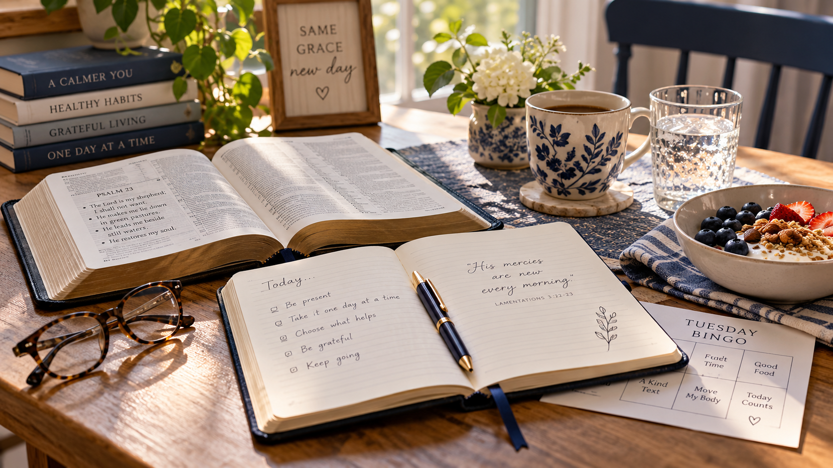 An open Bible and journal on a table, with a devotional to-do list, coffee, and breakfast nearby