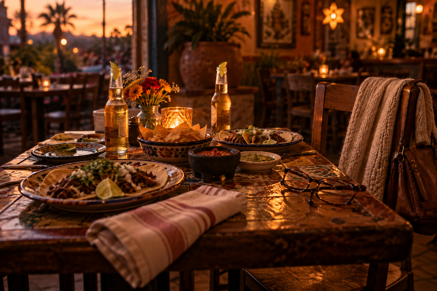 A table set with tacos, chips, salsa, and two beers at a Mexican restaurant at dusk