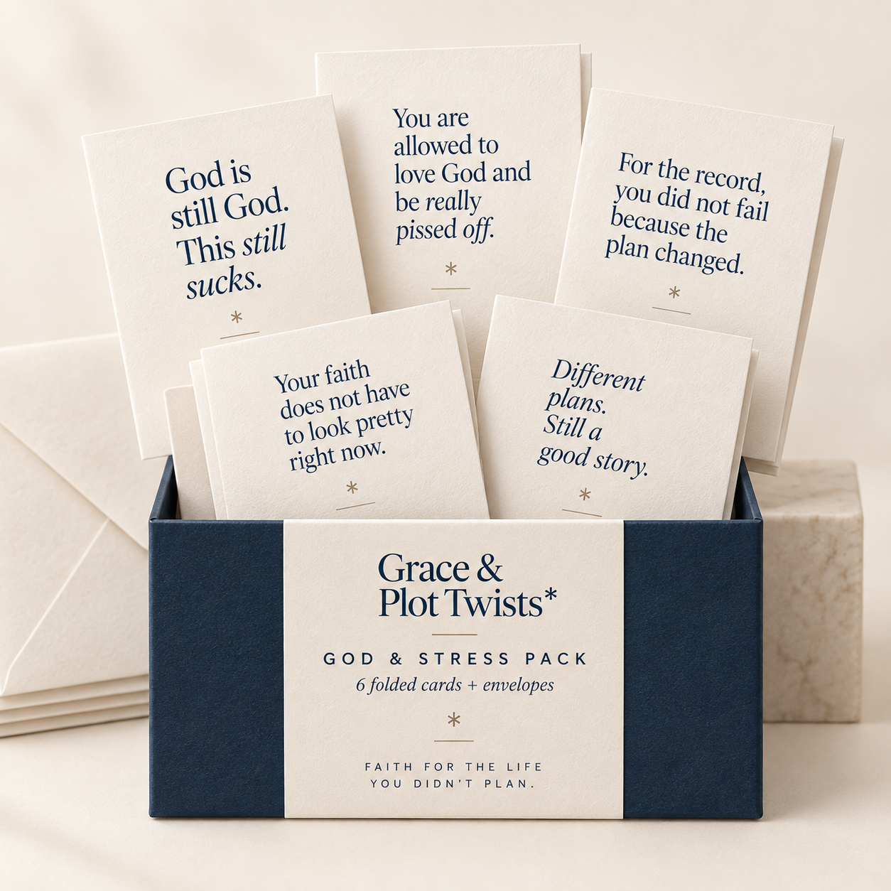 Grace & Plot Twists Friendship Notes, a box of 6 folded cards and envelopes in cream, navy, and sand