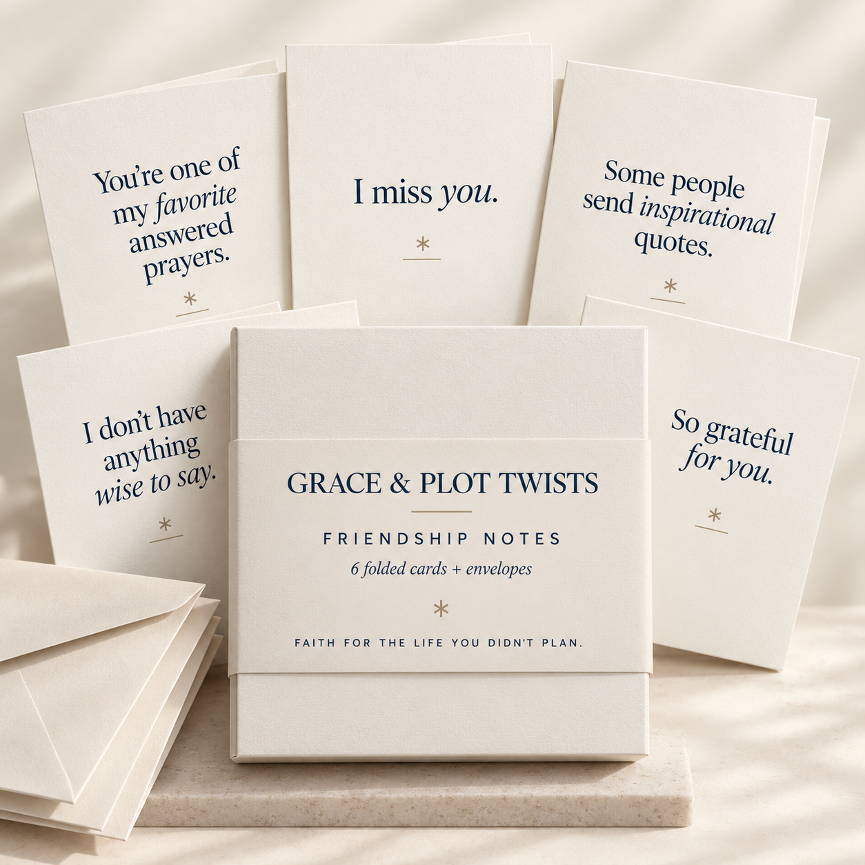 Grace & Plot Twists God & Stress Pack, a navy box of 6 folded cards and envelopes