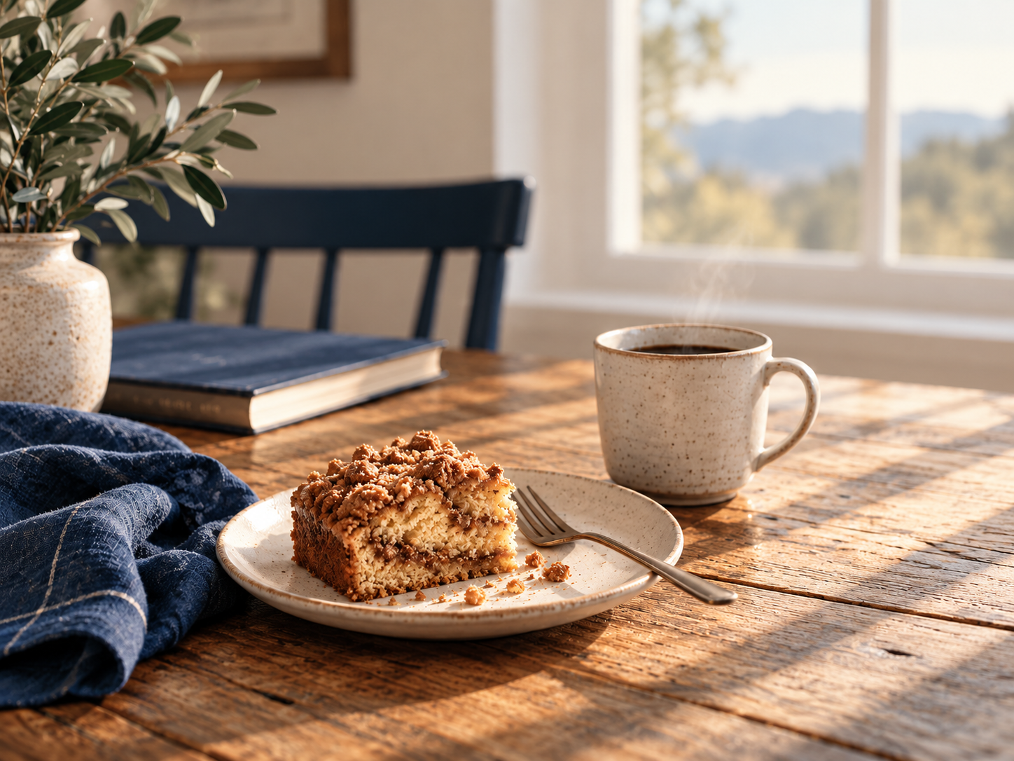 A slice of coffee cake and a steaming mug of coffee on a sunlit wooden table